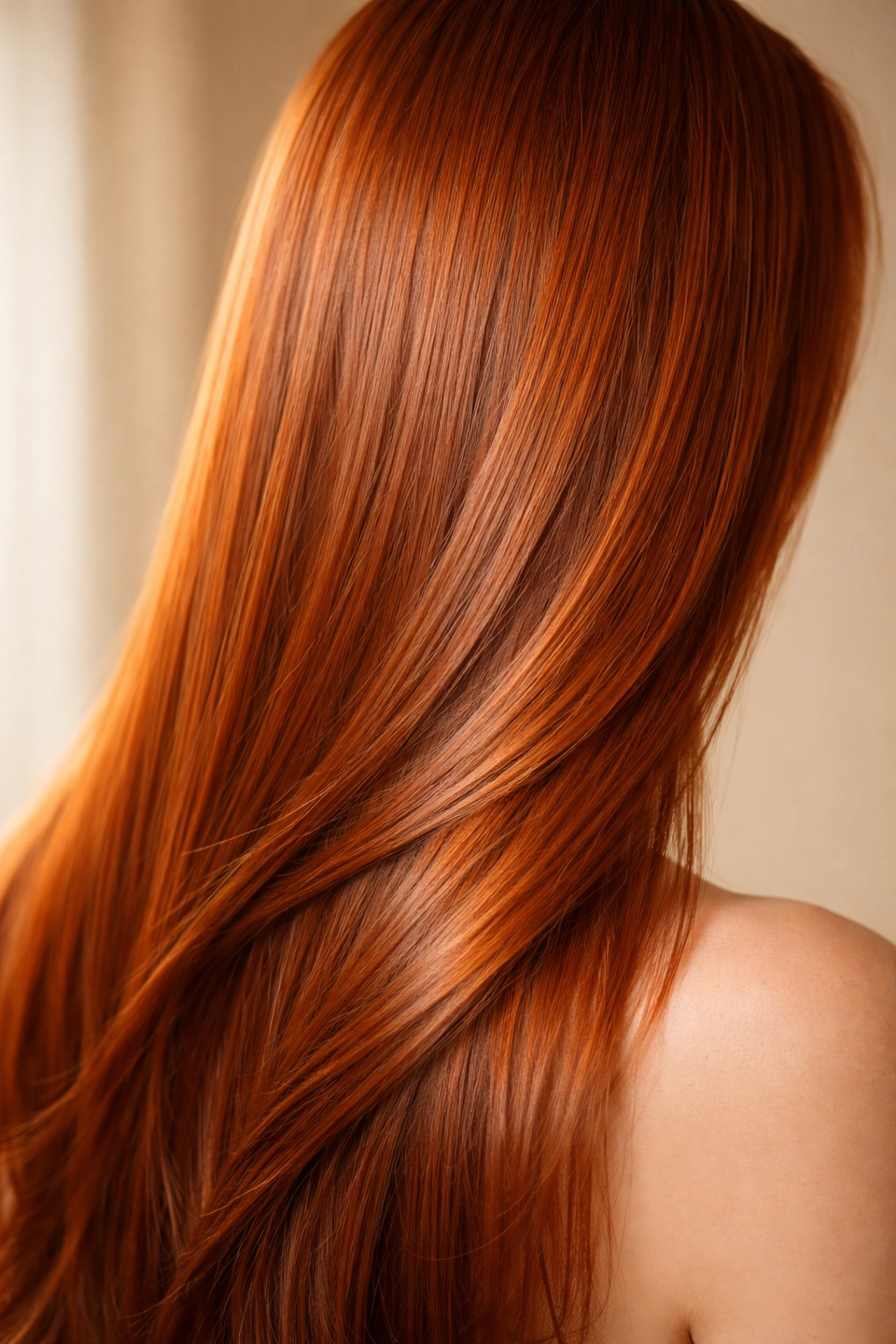 Close-up of straight hair in Bright Auburn with warm golden-orange hue