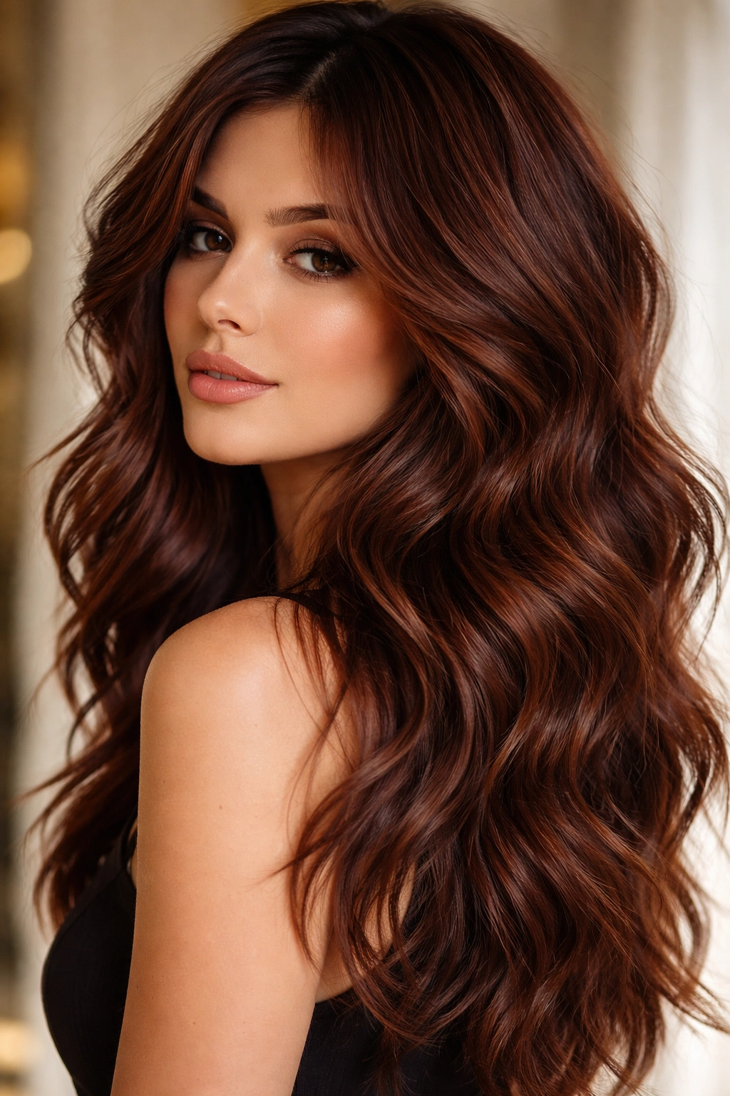 Close-up of deep auburn brown hair with waves and textured choppy layers