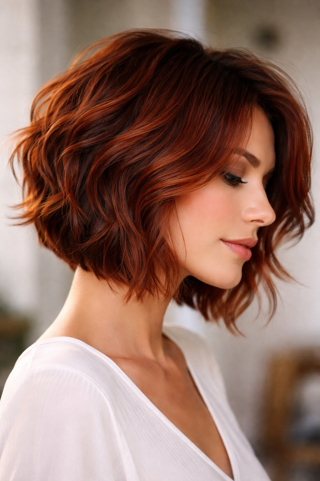 Auburn layered bob with waves showing layered ends and face-framing pieces