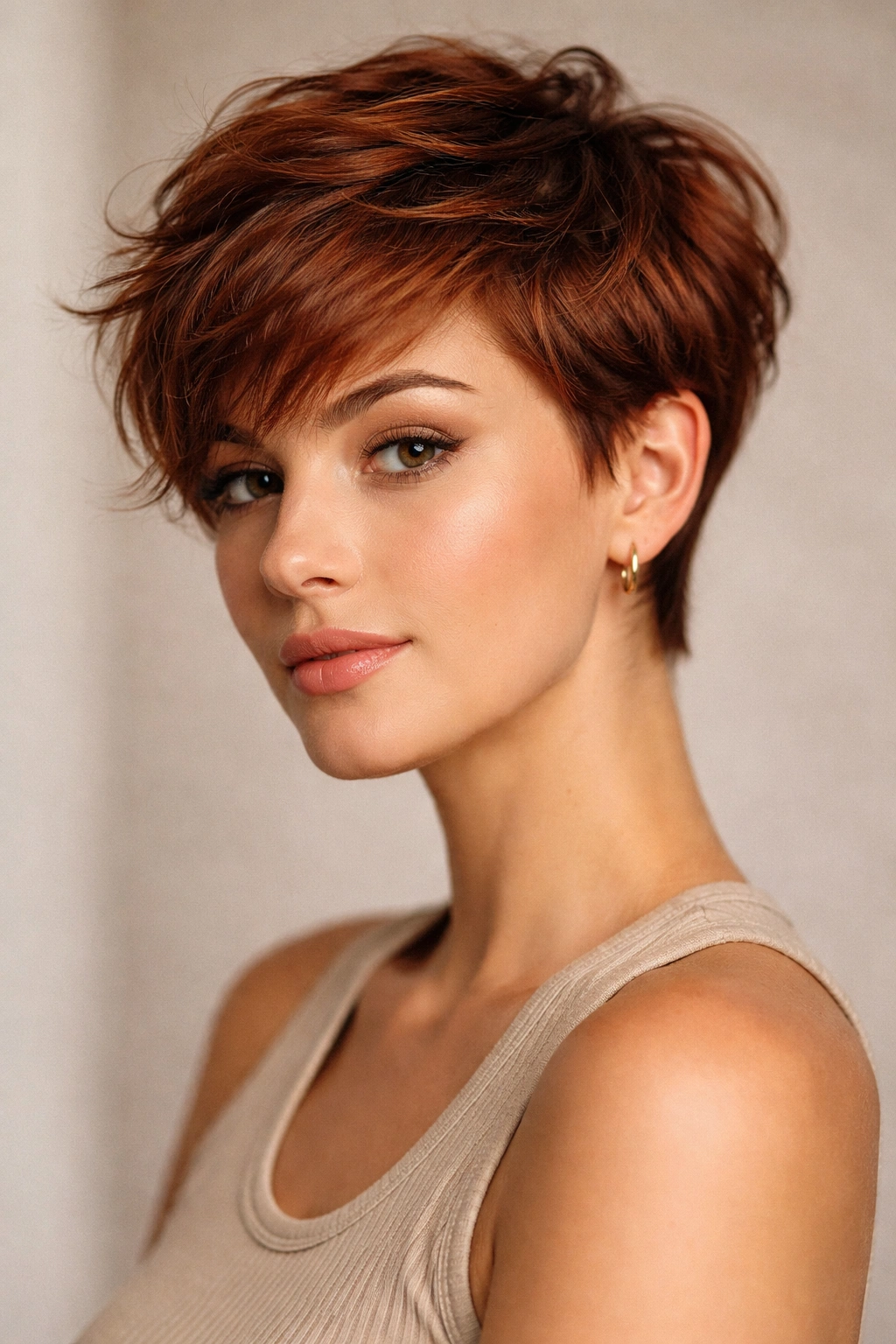 Close-up of a single model with an auburn textured pixie showing choppy layers and a short back