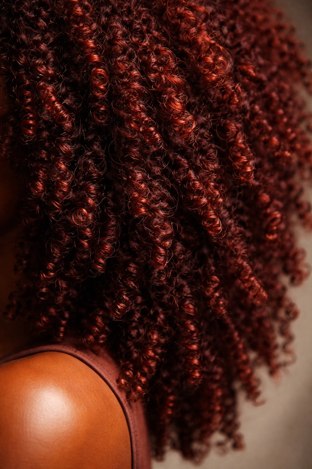 Deep auburn red coily hair with burgundy undertones