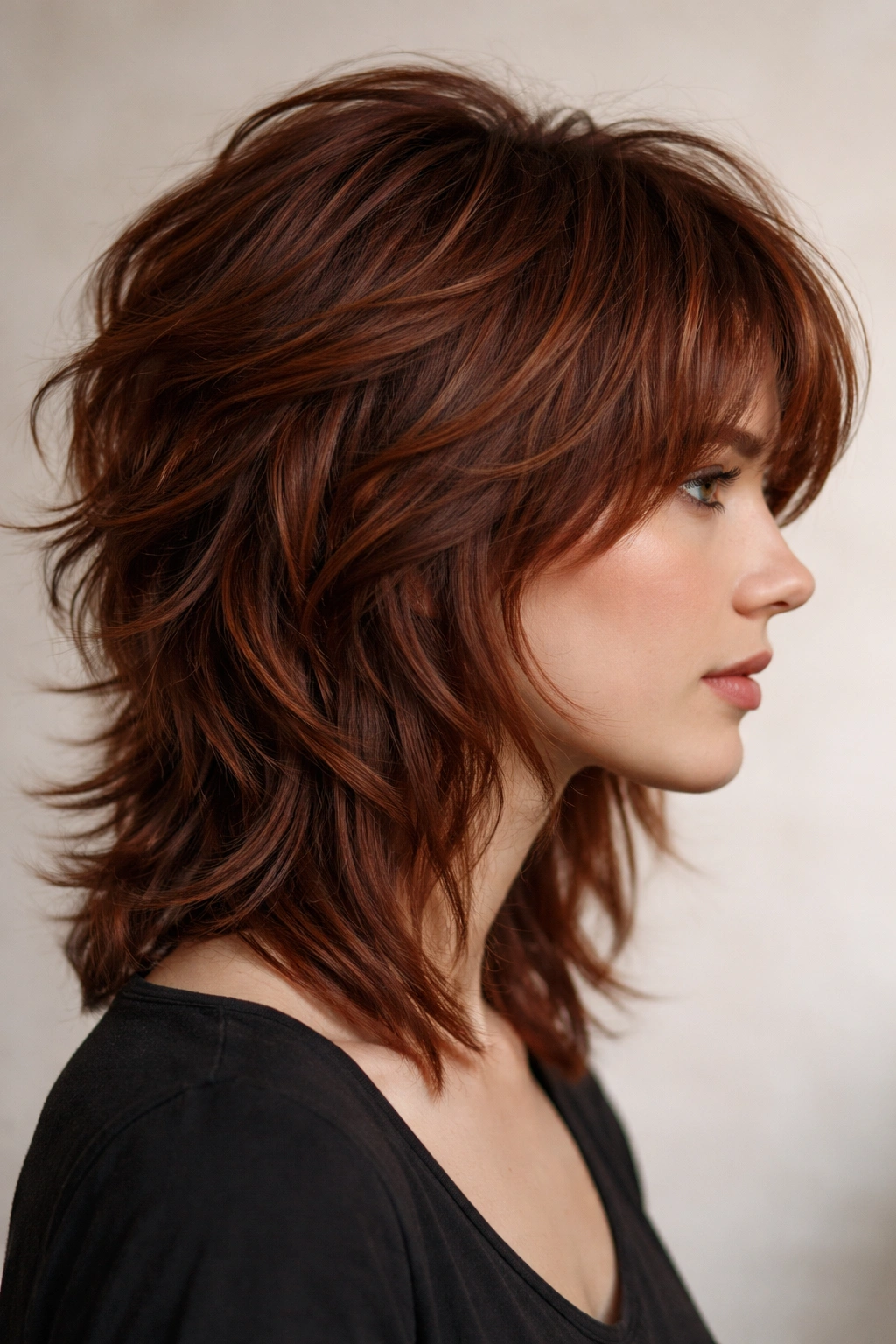 Auburn shag haircut with crown lift and textured layers