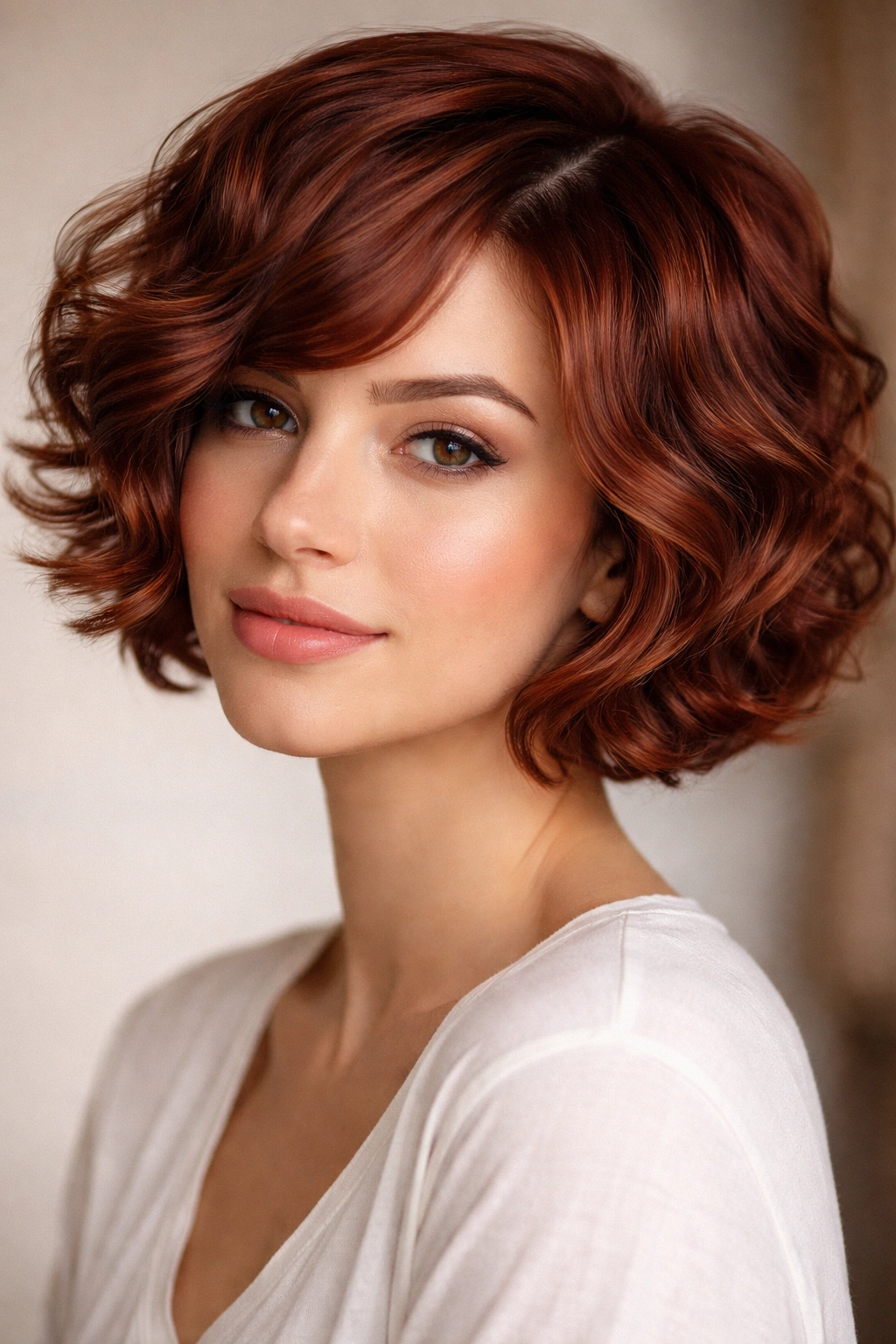 Short auburn bubble waves with defined, rounded waves in a polished style
