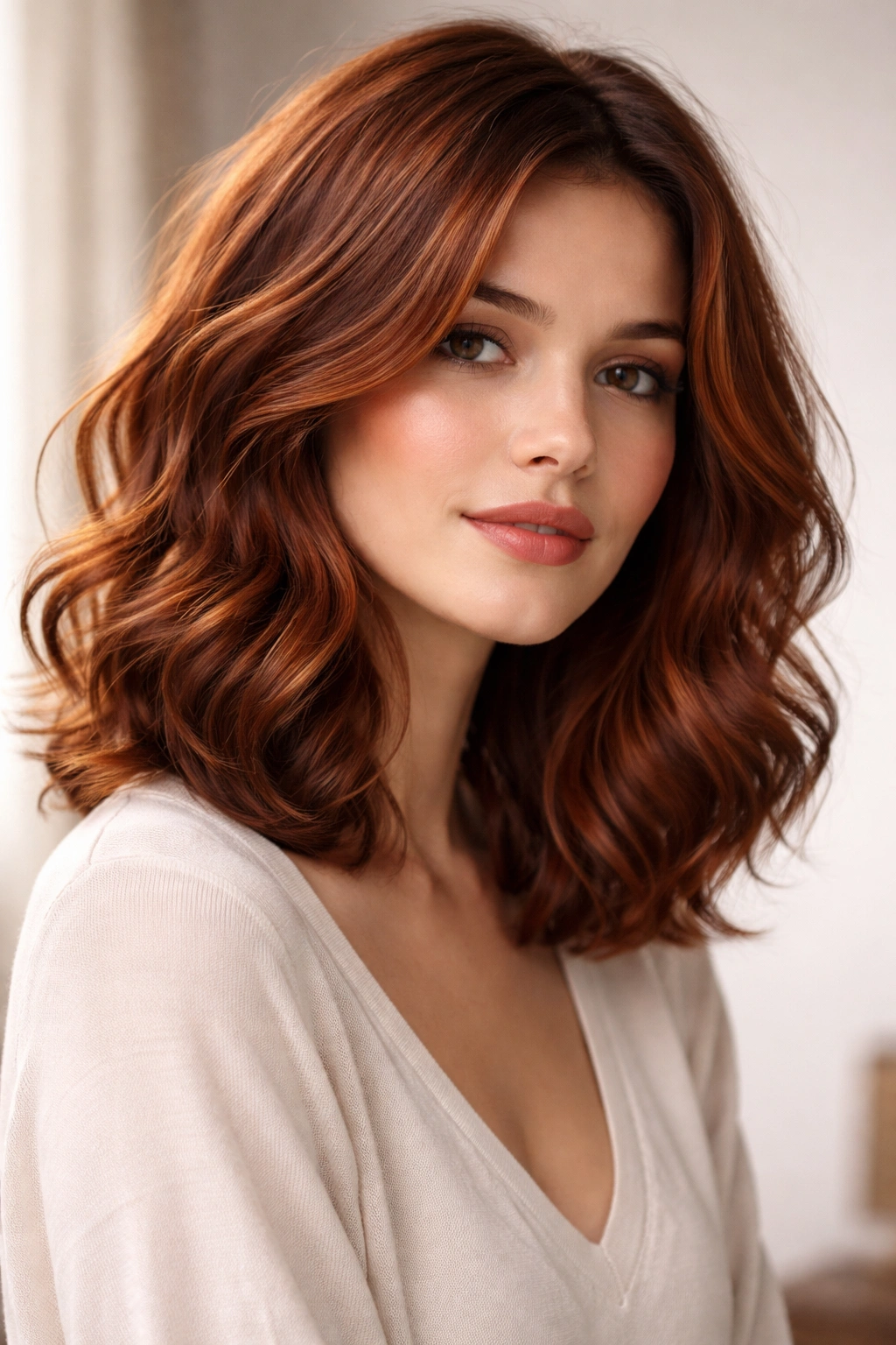 Shoulder-length auburn waves hairstyle on model with soft lighting