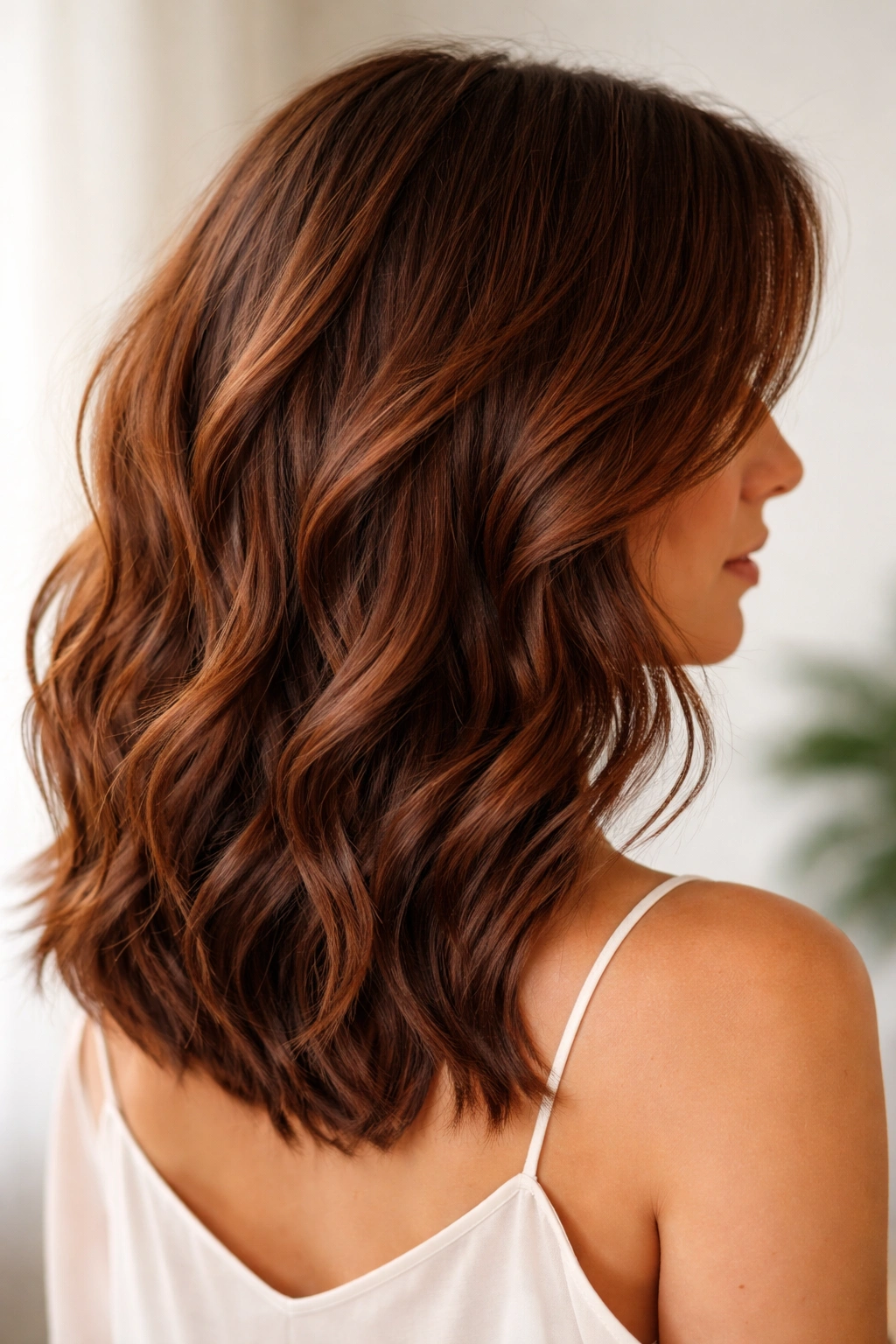 Auburn-tinted wavy lob with warm undertones