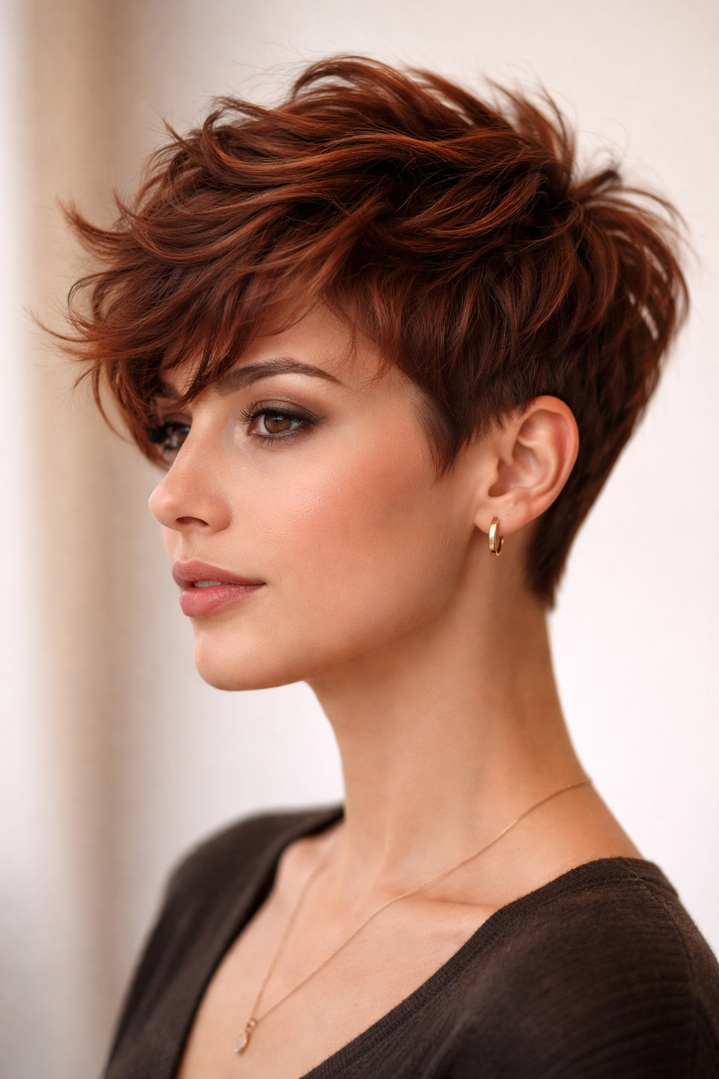 Auburn tousled crop hairstyle on model with textured top