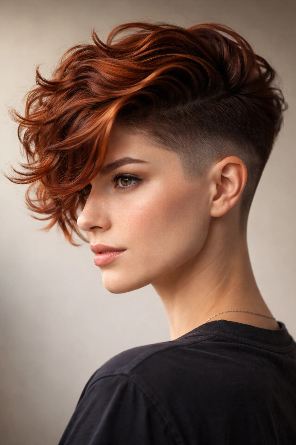 Close-up portrait of a person with an auburn wavy top and shaved undercut highlighting color and texture