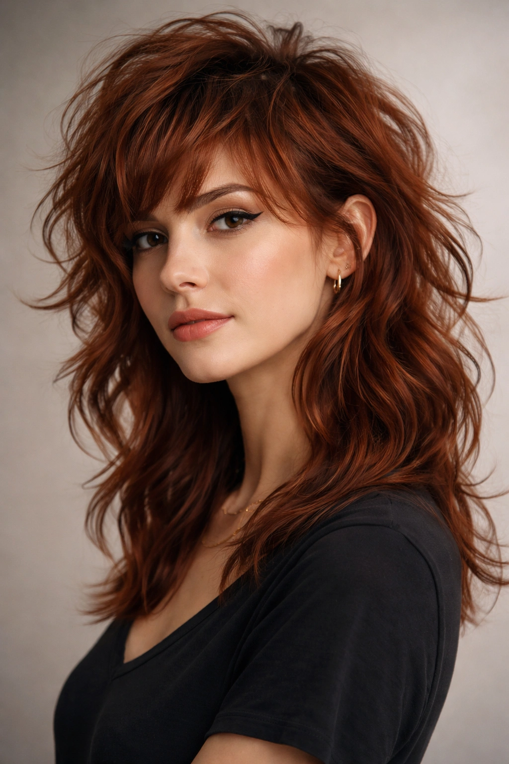 Head-and-shoulders portrait of an auburn wavy wolf cut showing contrast between top and underlayers