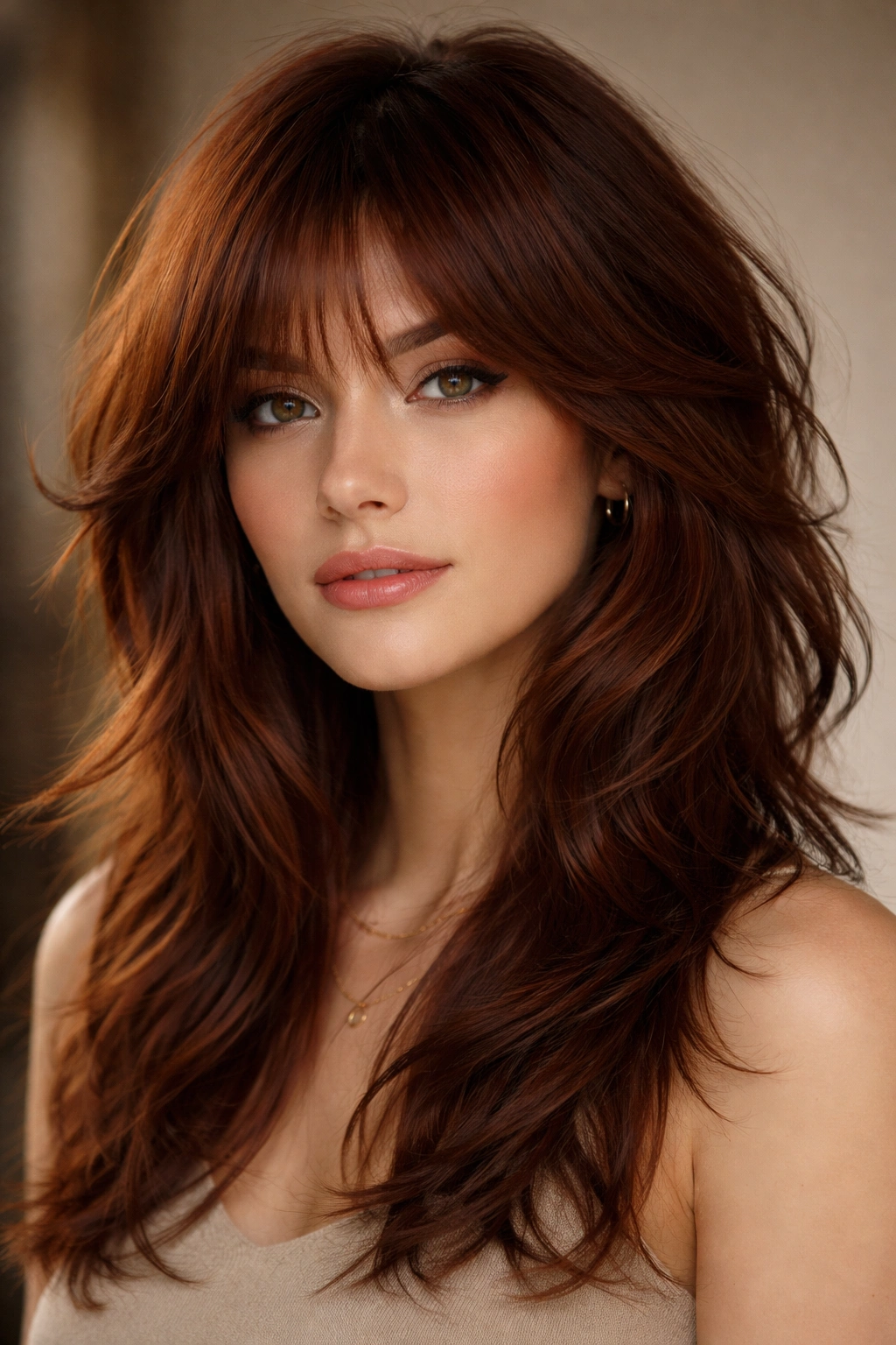 Close-up of auburn wolf cut with subtle highlights and soft waves