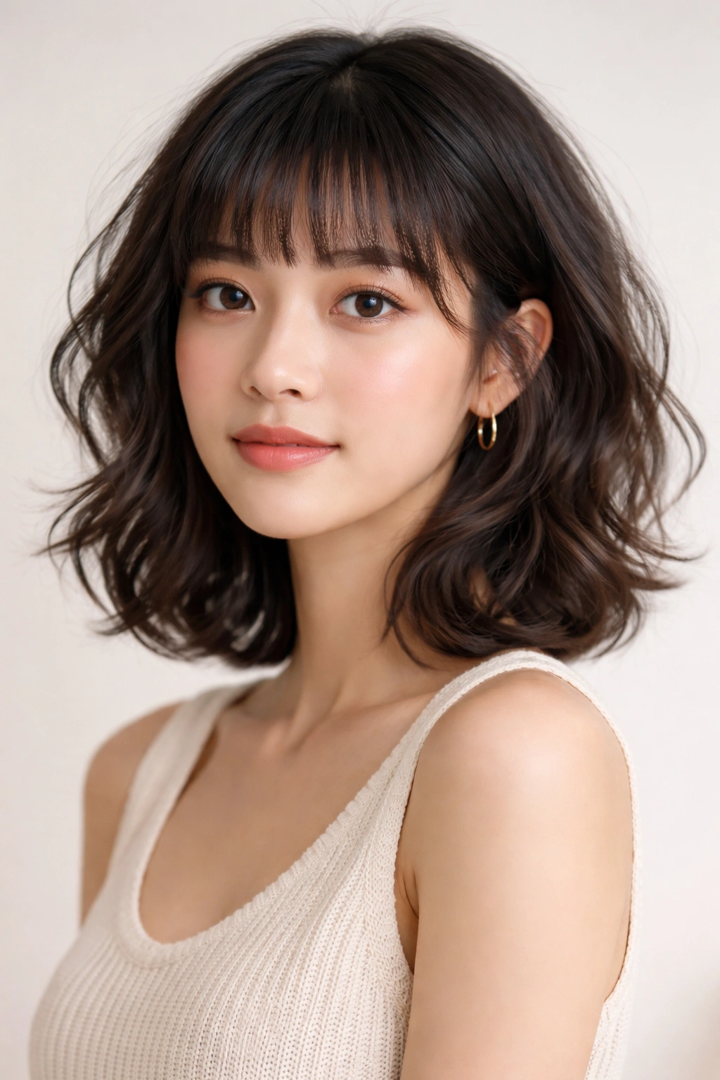 Portrait of a person with baby bangs and layered bob on wavy hair