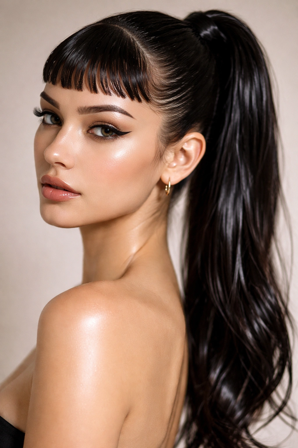 Close-up of baby bangs with a sleek wet-look ponytail