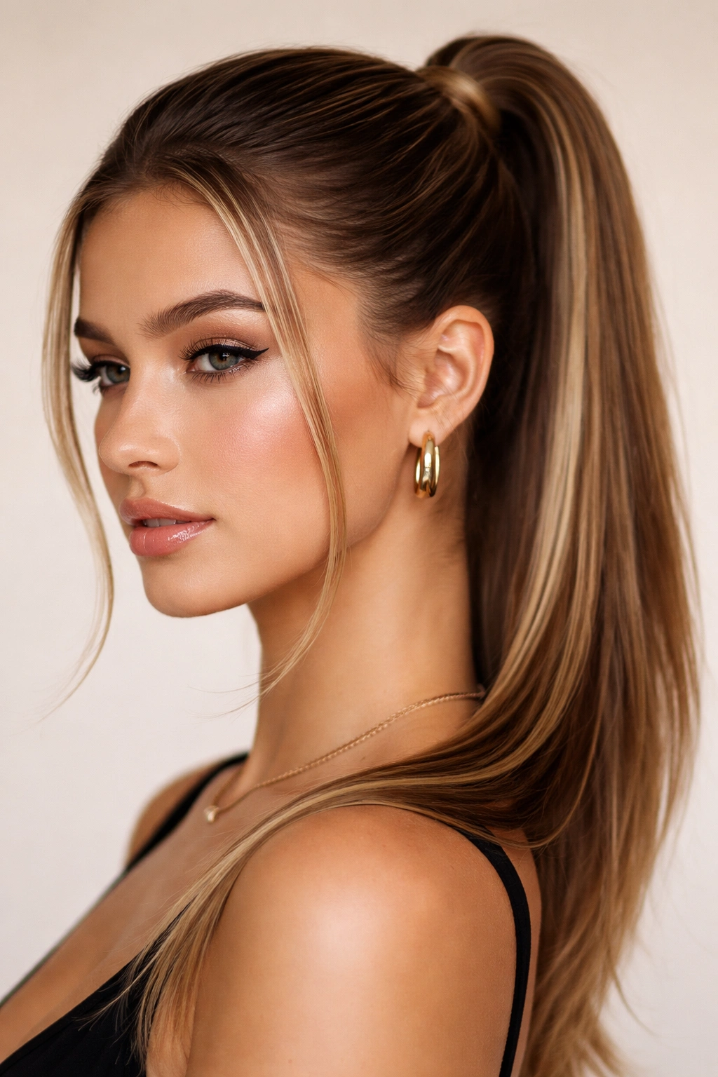 Close-up of a sleek ponytail with delicate face-framing babylights.