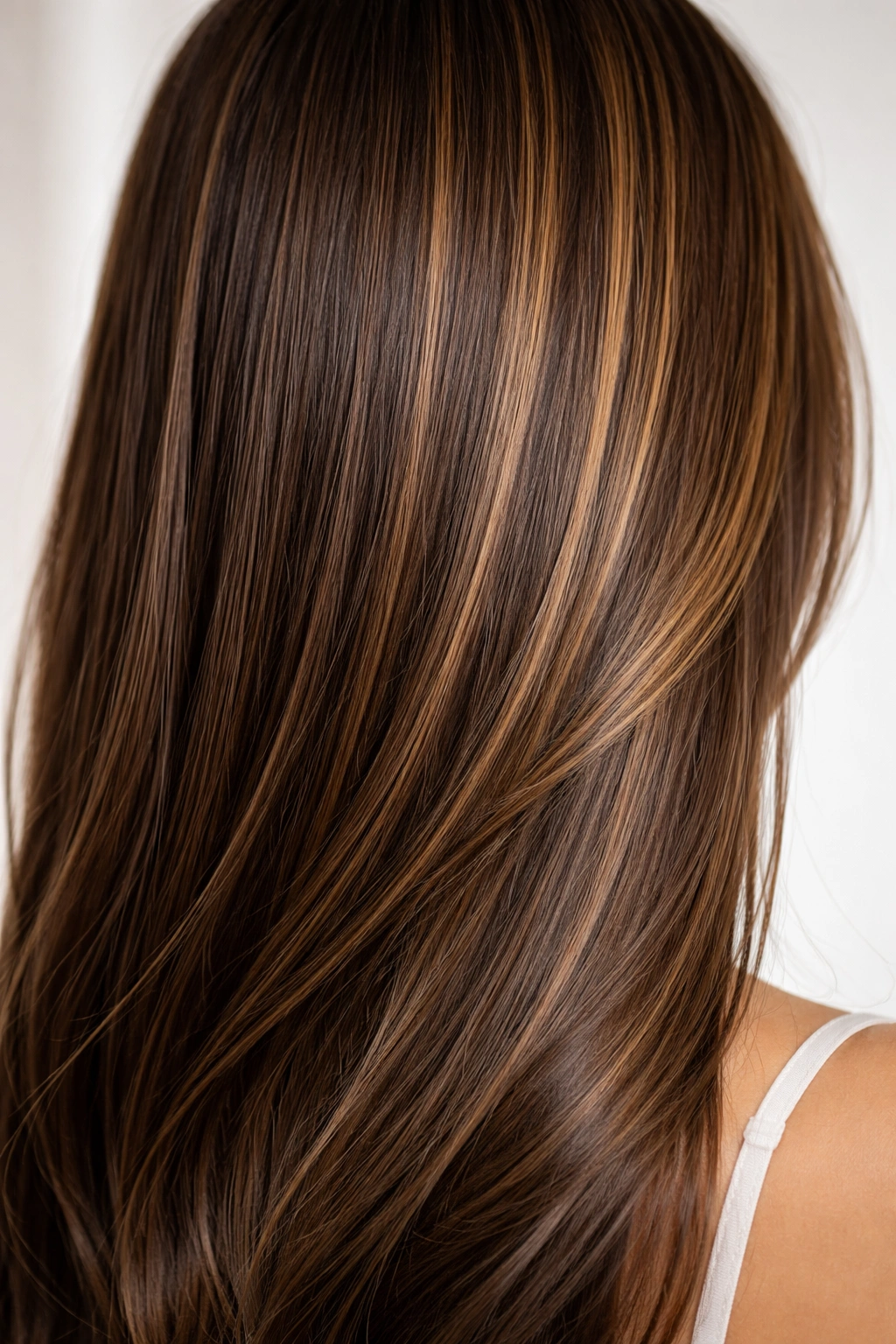 Close-up of straight brown hair with ultra-fine Babylights for sun-kissed dimension.