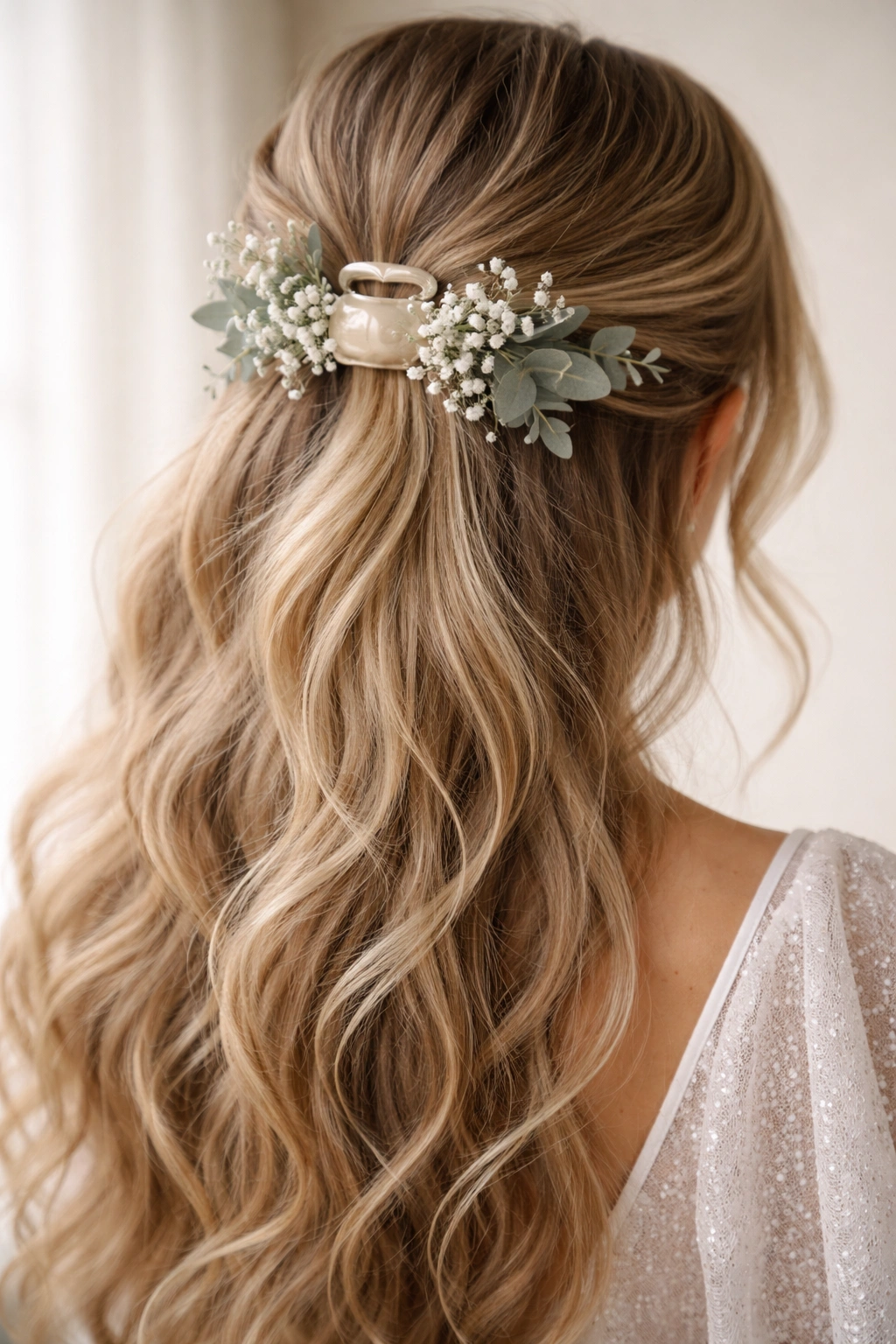 Delicate half-up hairstyle with baby's breath and eucalyptus in a claw clip