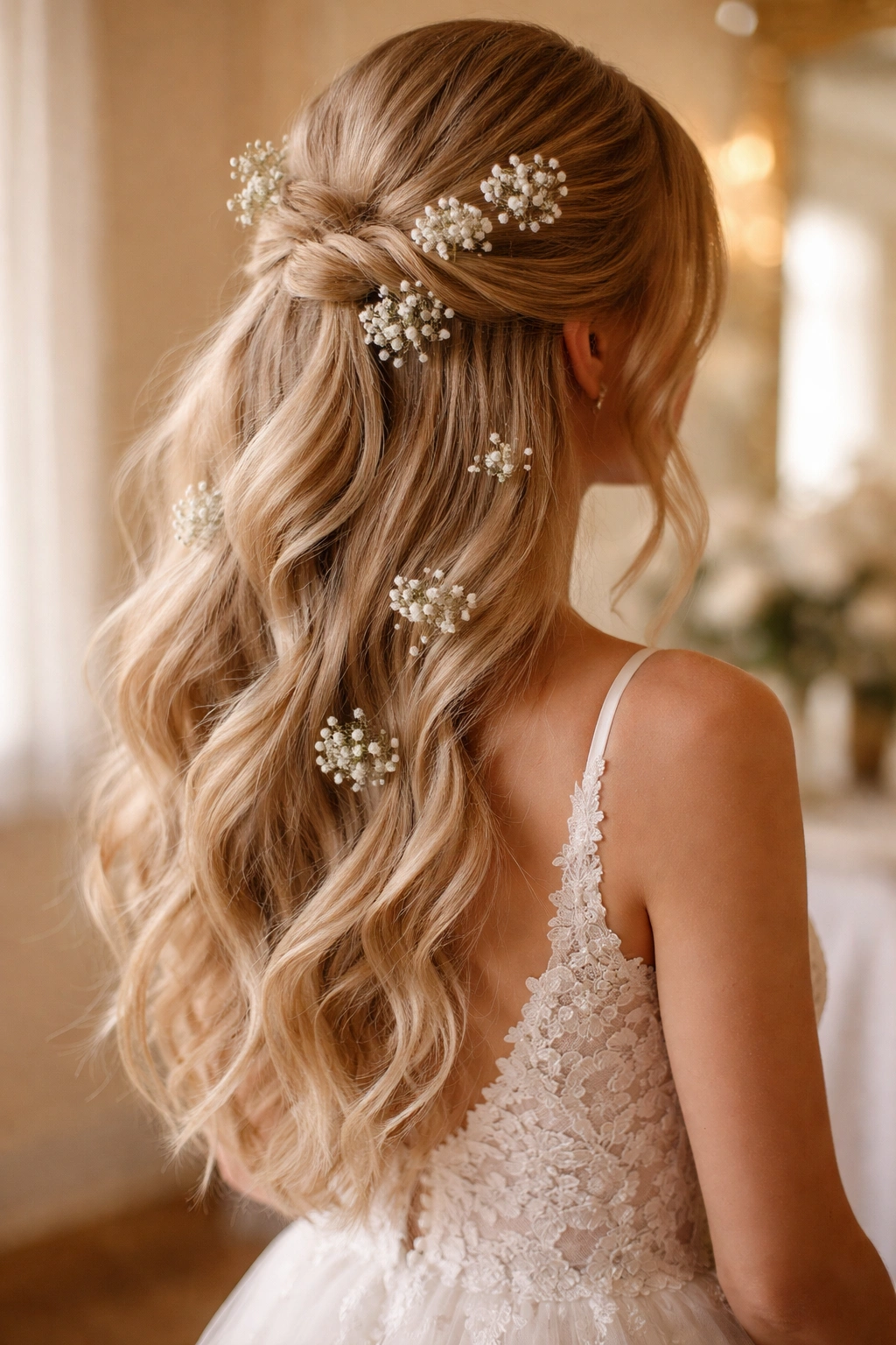 Half up half down hairstyle with scattered baby's breath flowers