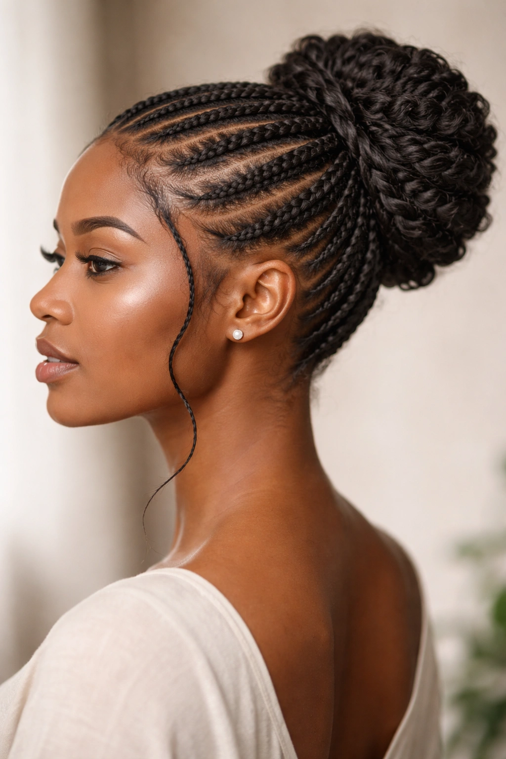 Profile view showing curved front braids framing the face and a back bun