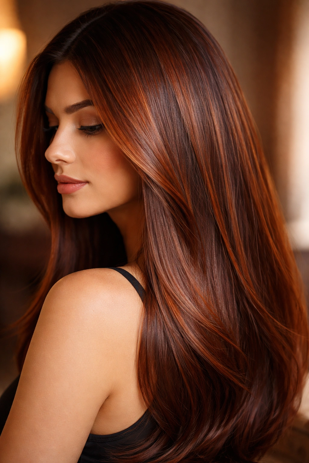 Straight hair with auburn base and copper accents