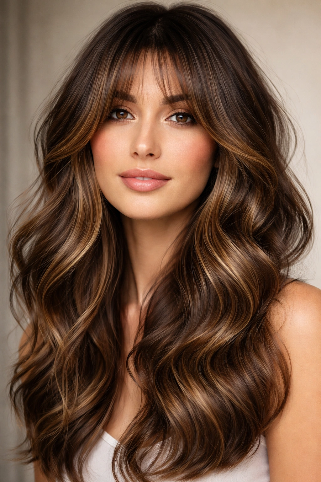 Brown hair with balayage and curtain bangs in studio portrait