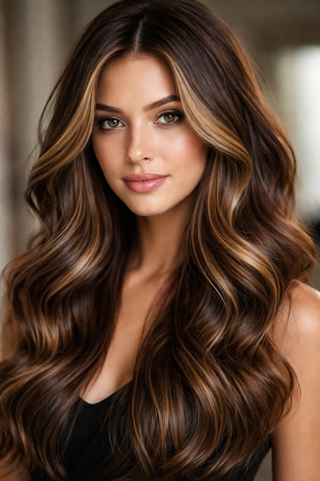 Balayage brown waves with strategic face-framing highlights around the front layers