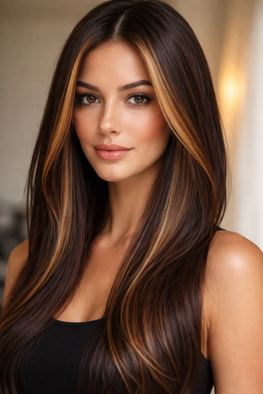 Close-up of straight hair with chocolate base and caramel face-framing highlights