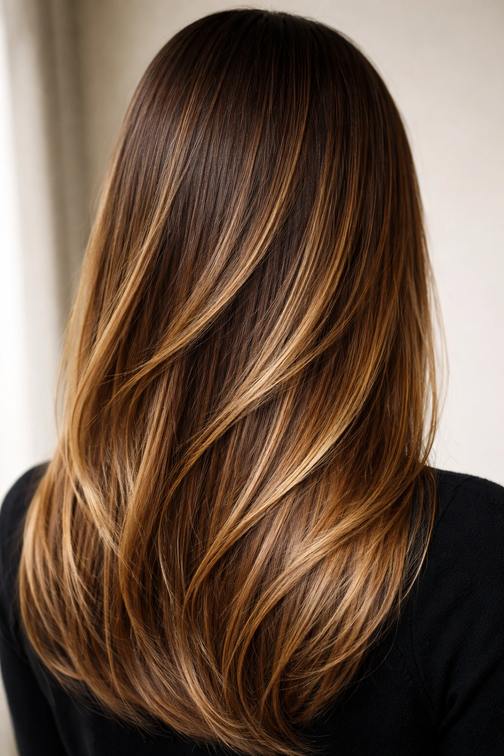 Close-up of straight hair with caramel balayage on mid-lengths and ends, natural roots