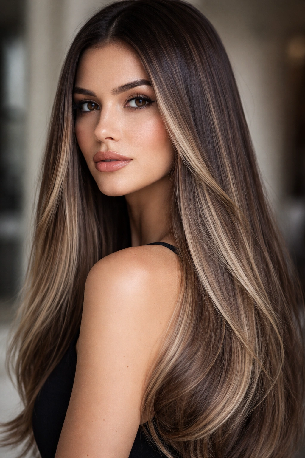 Straight hair with cool brunette base and ash-blonde balayage