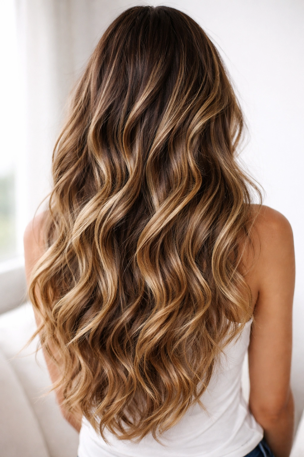 Minimalist portrait of long wavy hair with balayage against a soft backdrop