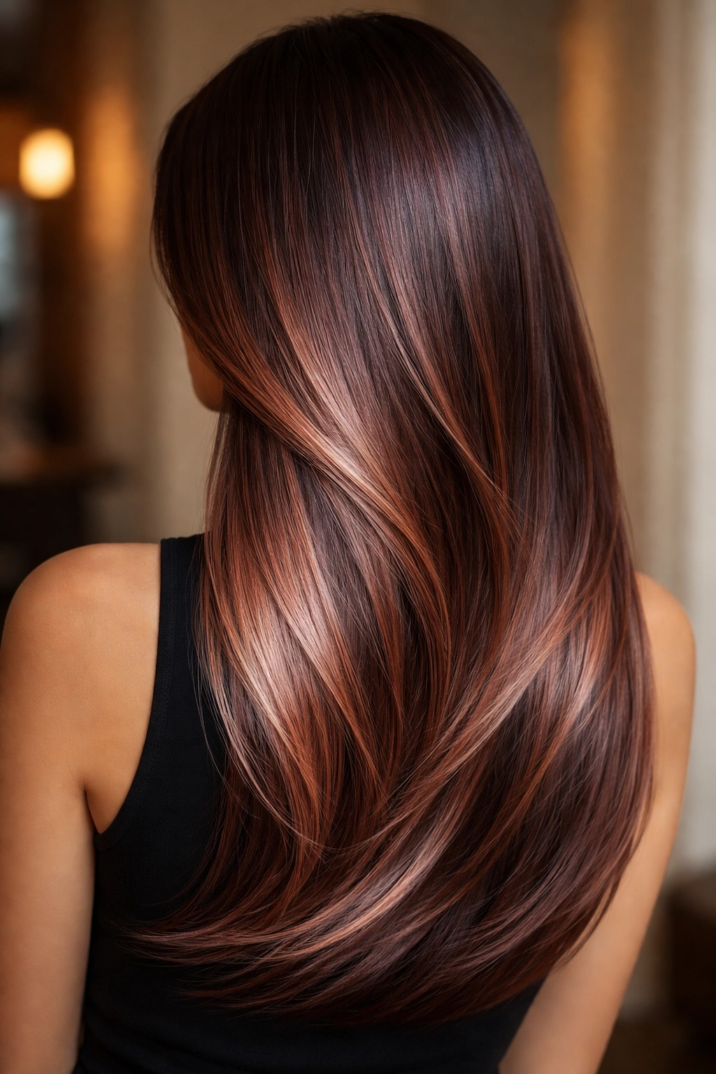 Straight hair with mahogany base and rose-gold balayage