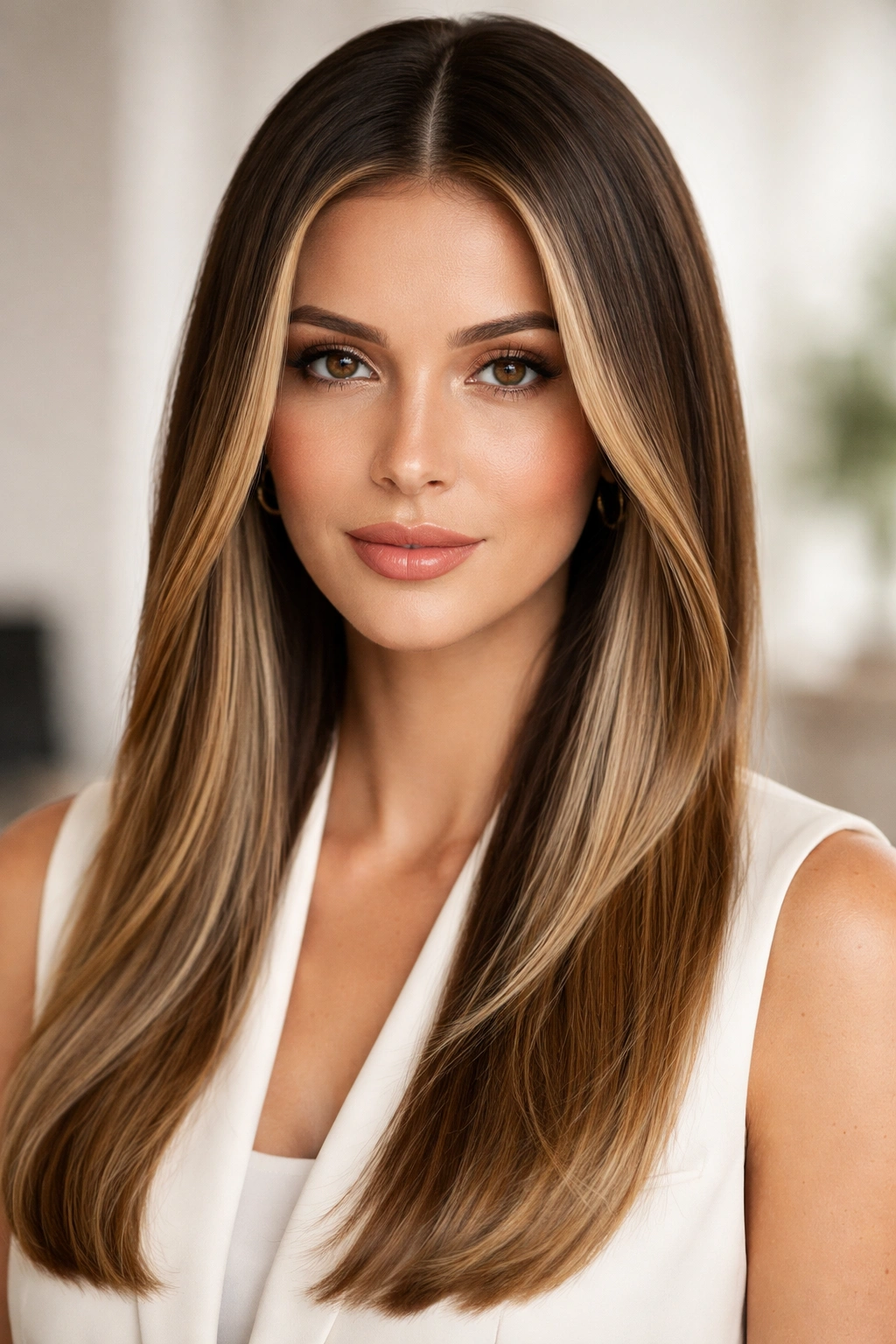 Close-up of straight hair with center part and face-framing balayage highlights in studio lighting
