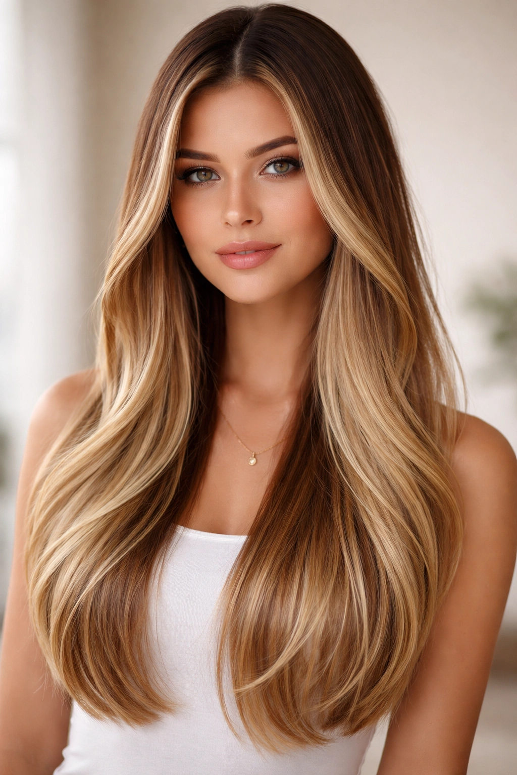 Close-up of straight hair with balayage ombre featuring sun-kissed lighter pieces
