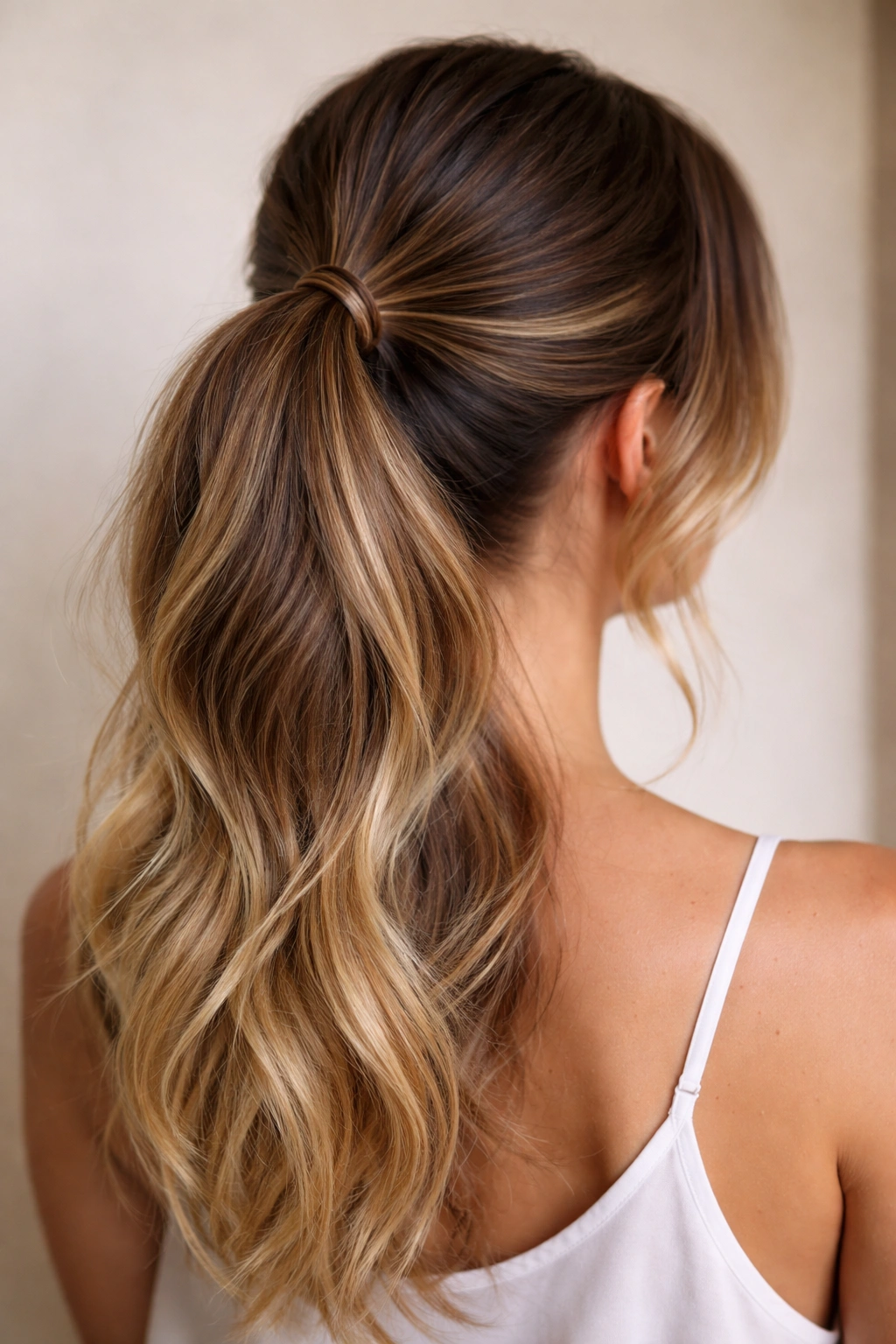 Close-up of a ponytail with sun-kissed ends and soft rooted balayage for dimensional hair color