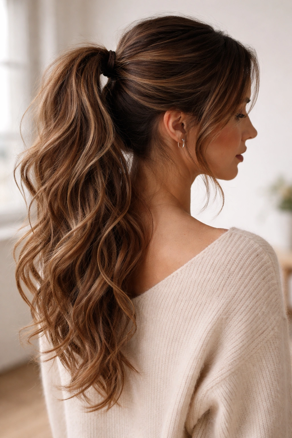 Balayage brown ponytail with tousled waves