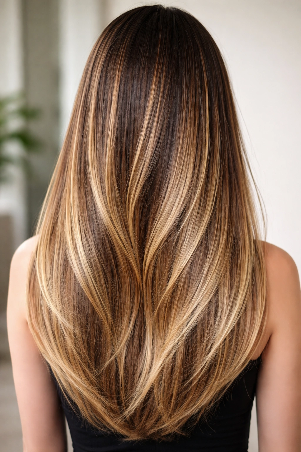 Close-up of straight hair with a sun-kissed balayage showing a seamless gradient.