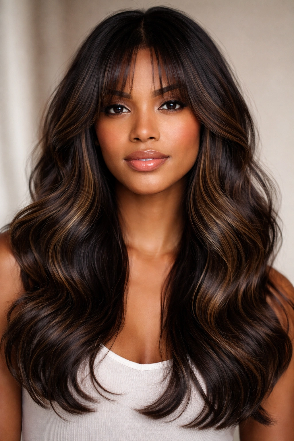 Soft waves with balayage and subtle curtain bangs on black hair