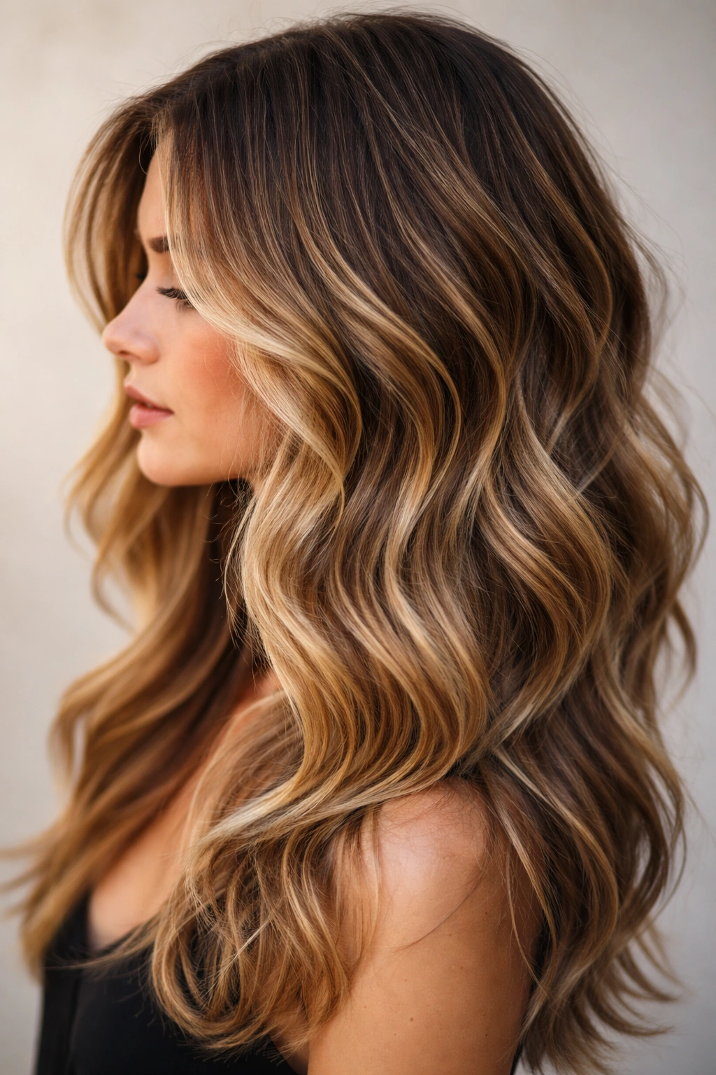Close-up of wavy hair with soft balayage and subtle layering, highlighting dimension
