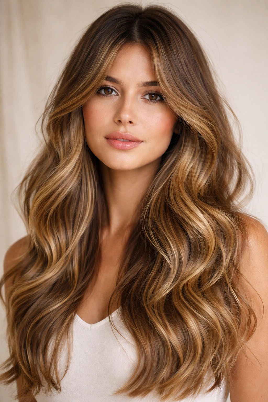 Balayage waves with blended curtain bangs
