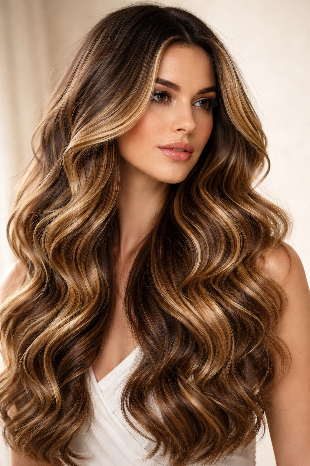 Close-up of long wavy hair with dimensional brunette-to-gold balayage