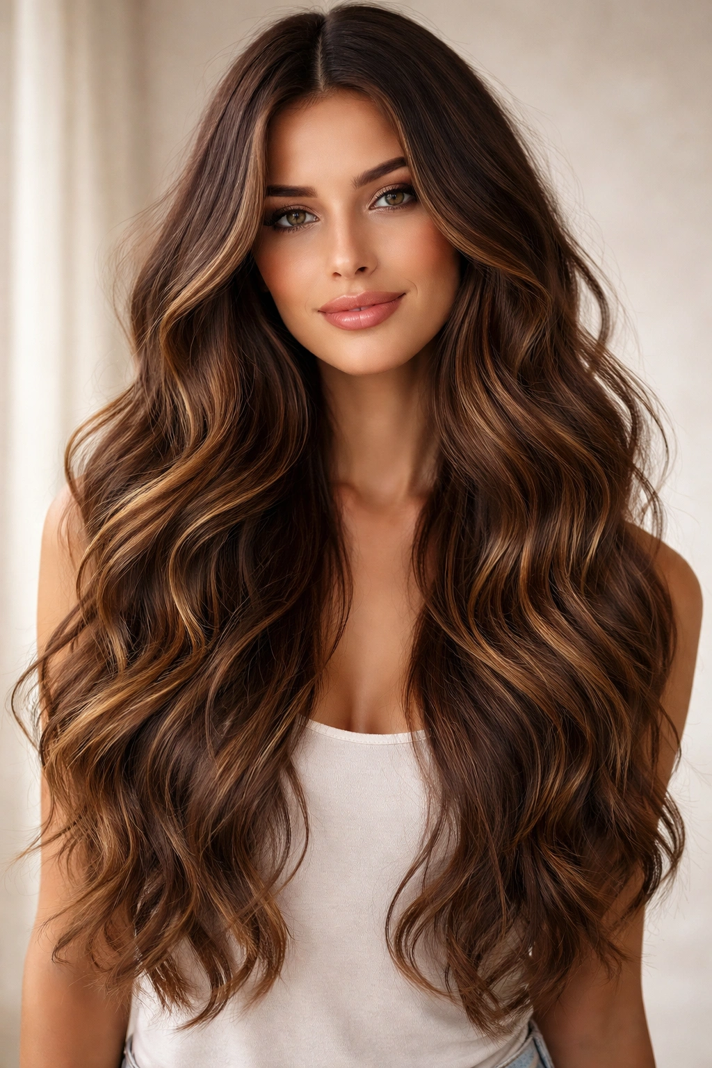 Long chocolate brown hair with beachy waves and balayage highlights