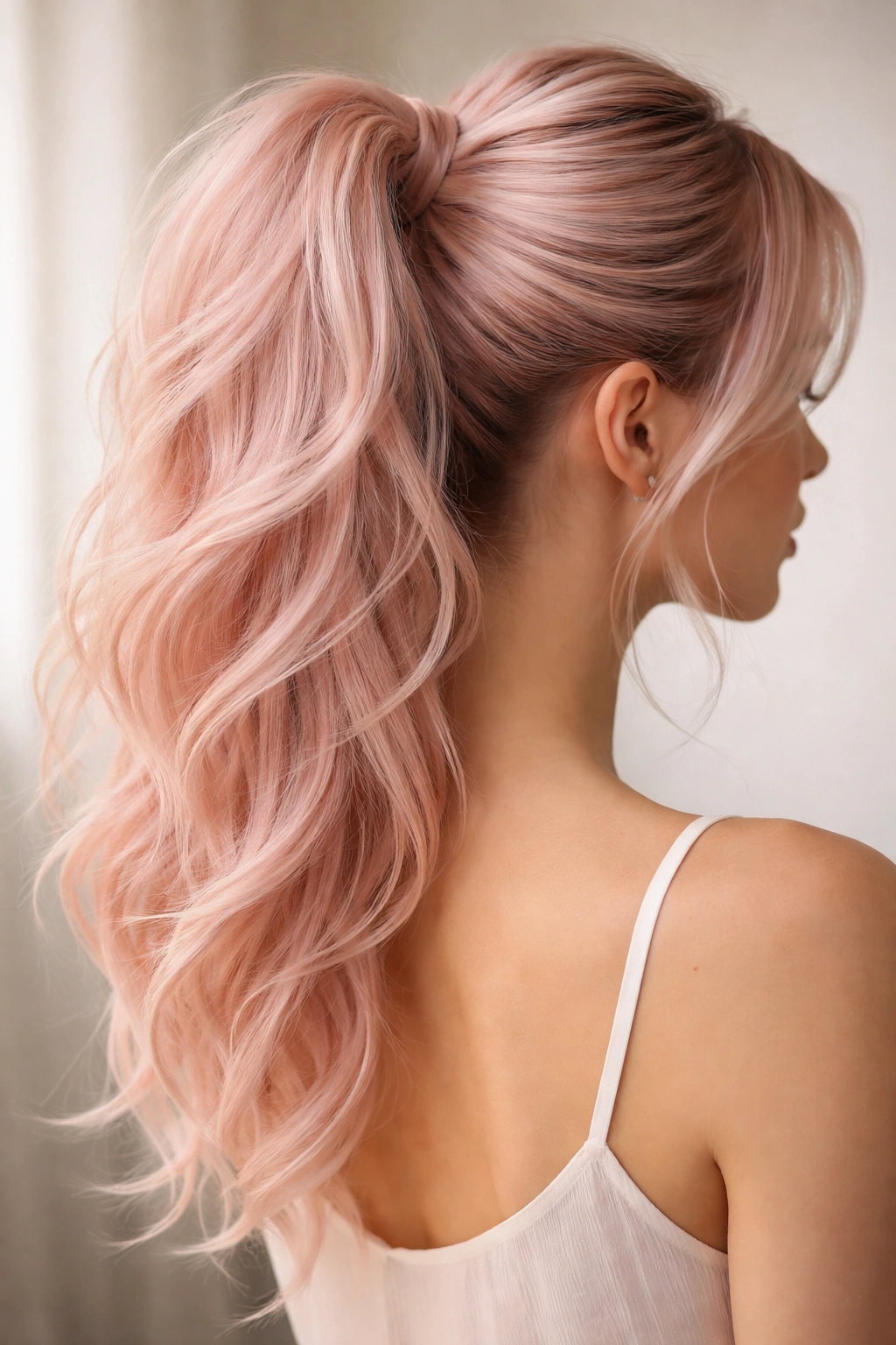 Layered ballet pink ponytail with shorter pieces around longer strands