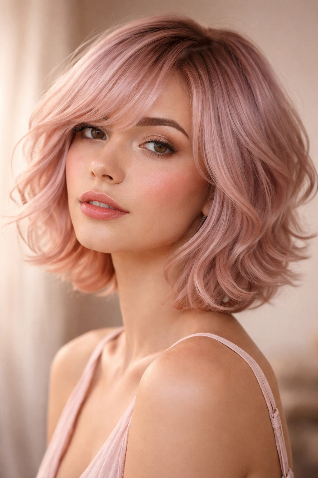 Ballet pink waves with face-framing layers in warm studio light