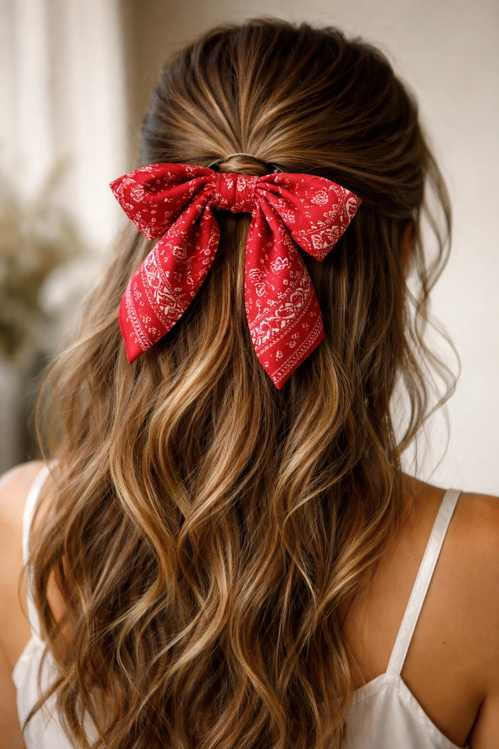 Close up of a half-up hairstyle with a bandana bow at the crown.