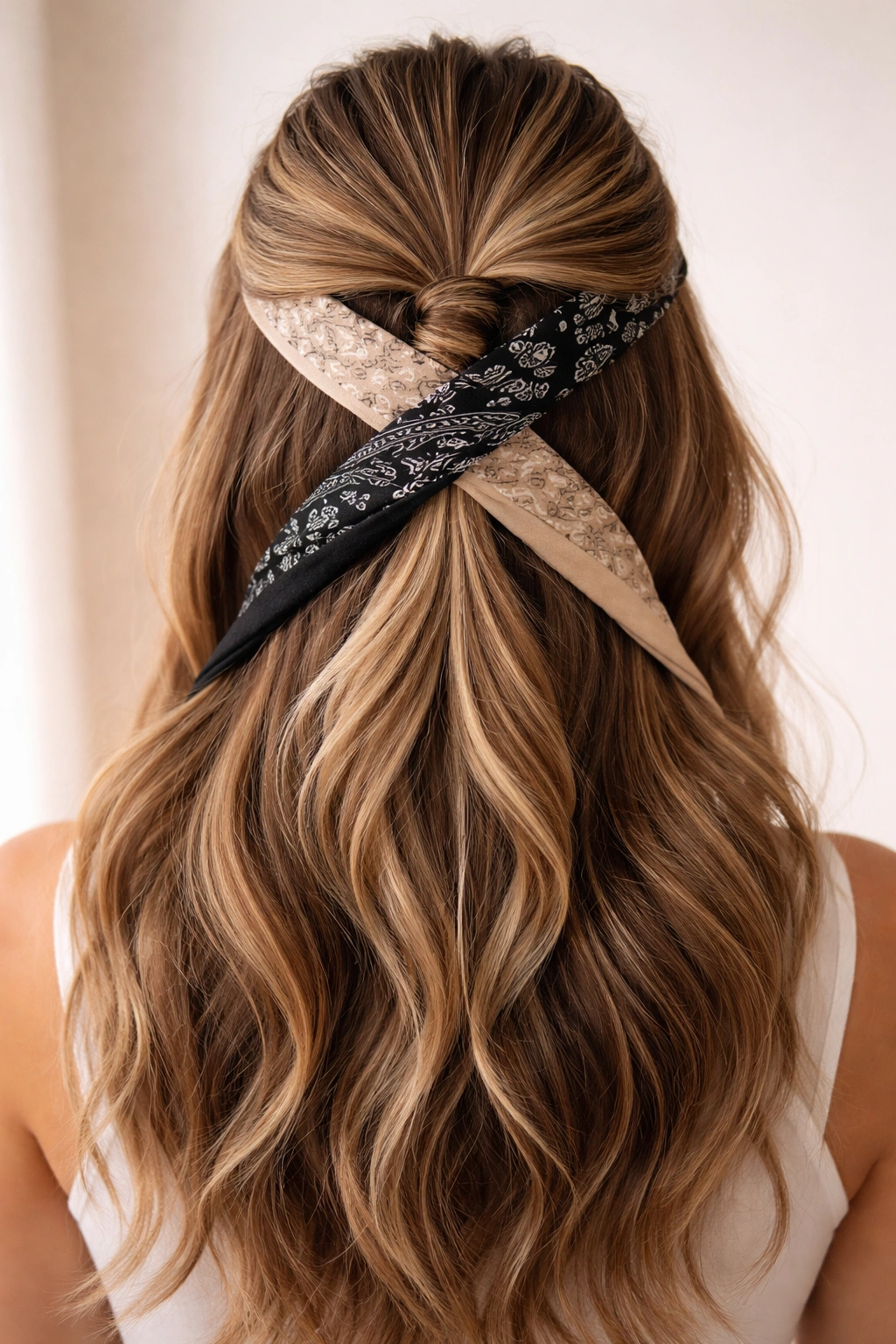 Back view of bandana crisscross half-up hairstyle with two bandanas