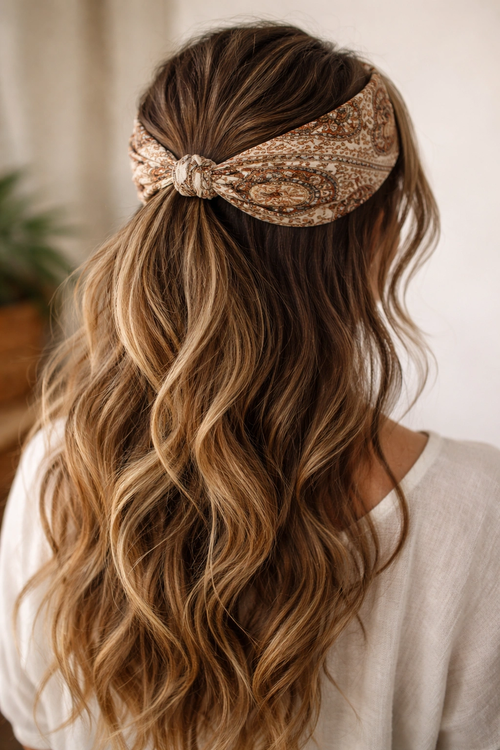 Half-up ponytail beneath a wide bandana crown across the hairline.