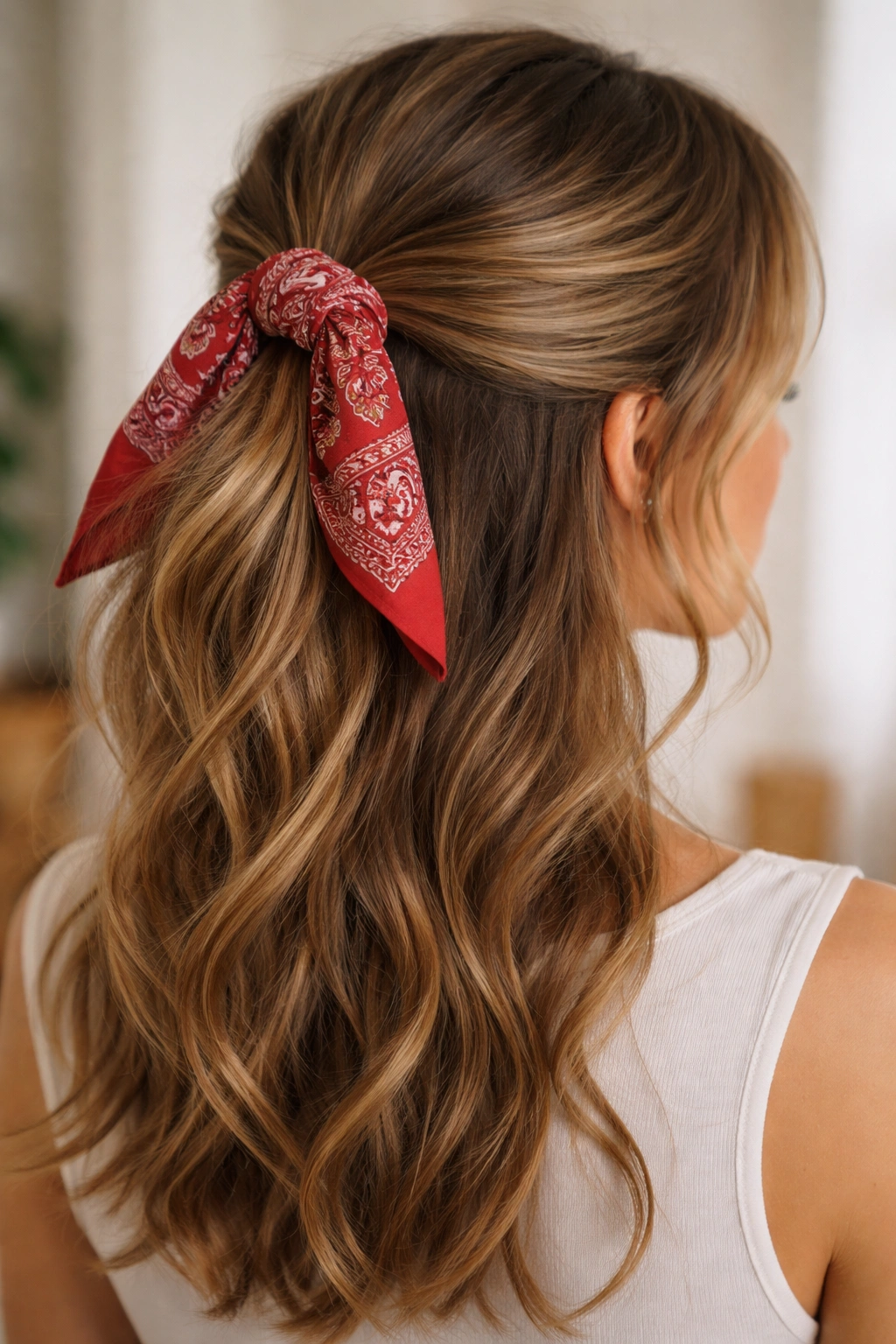Half-up hairstyle secured with a folded bandana as a hair tie.
