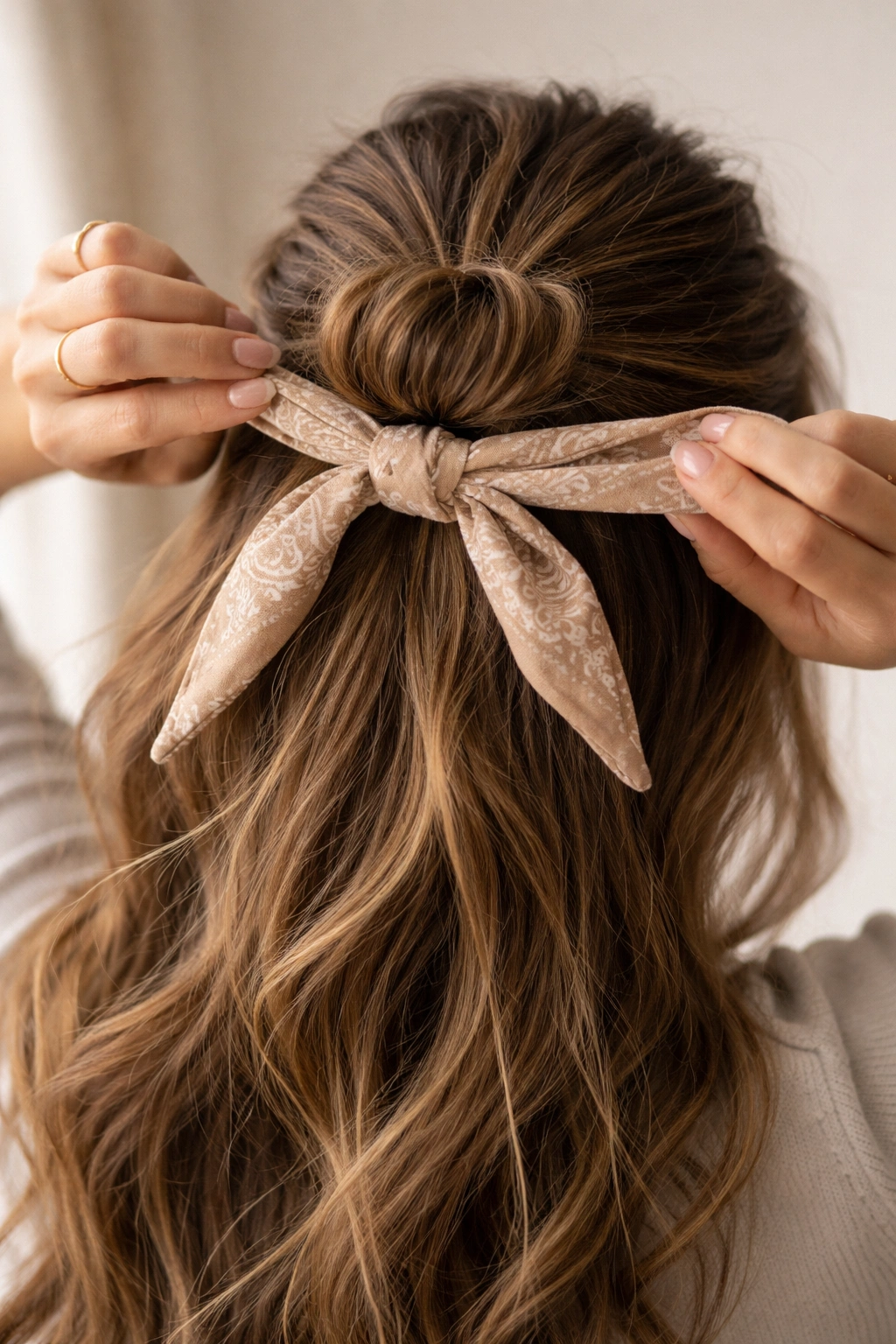 Close-up of a hand tying a bandana into a half-up hairstyle with a back knot