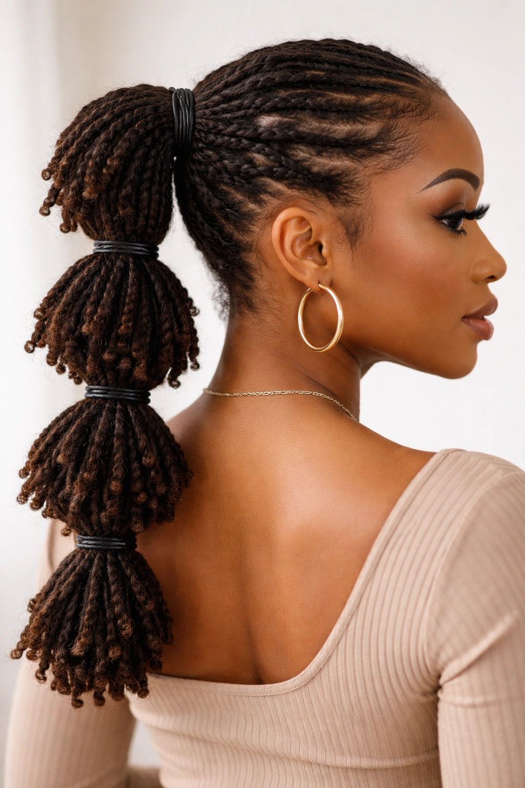 Banded stacked ponytail with visible elastic bands creating fullness.