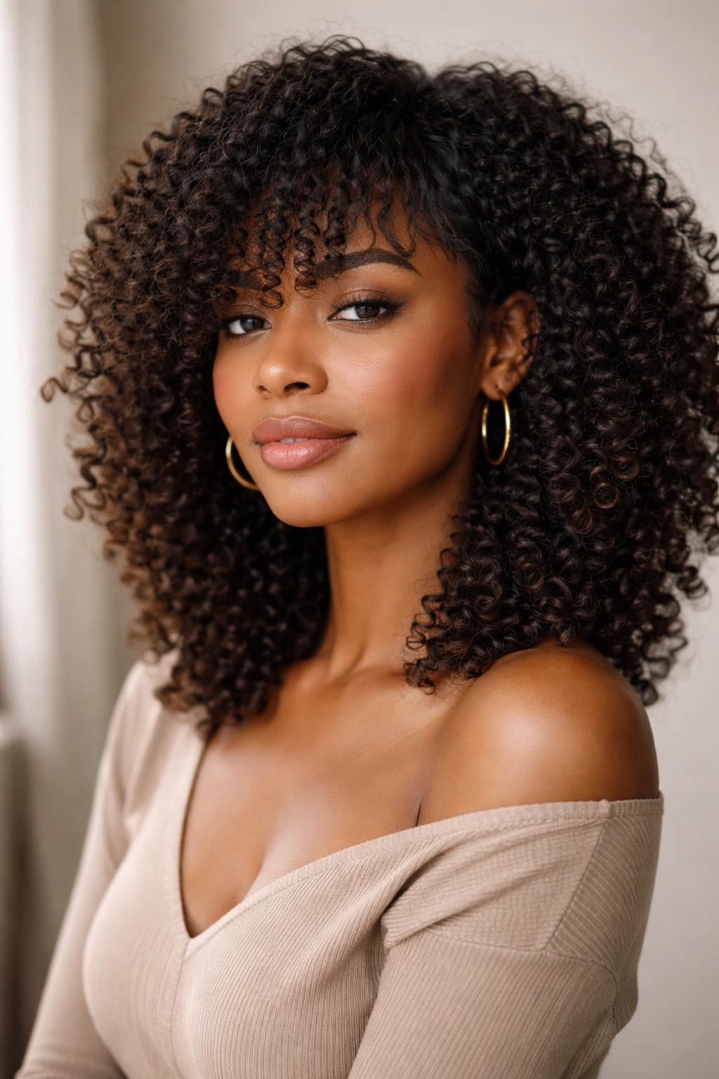Portrait of a person with bangs chosen to suit face shape