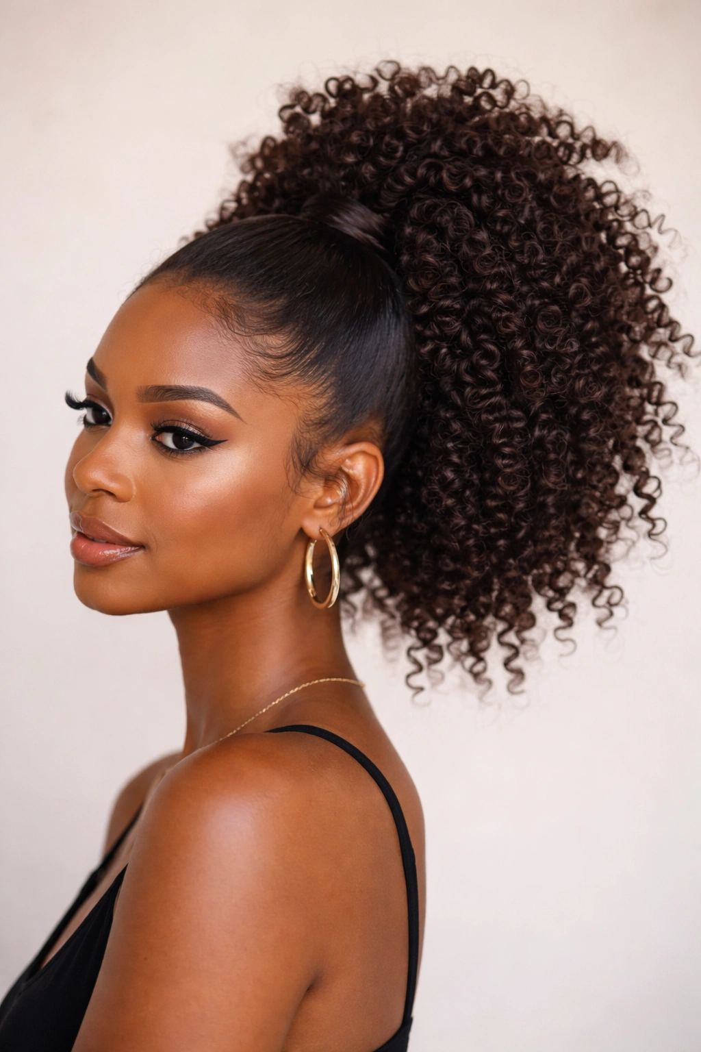 Close-up of a high ponytail formed from unravelled bantu knots with defined coils