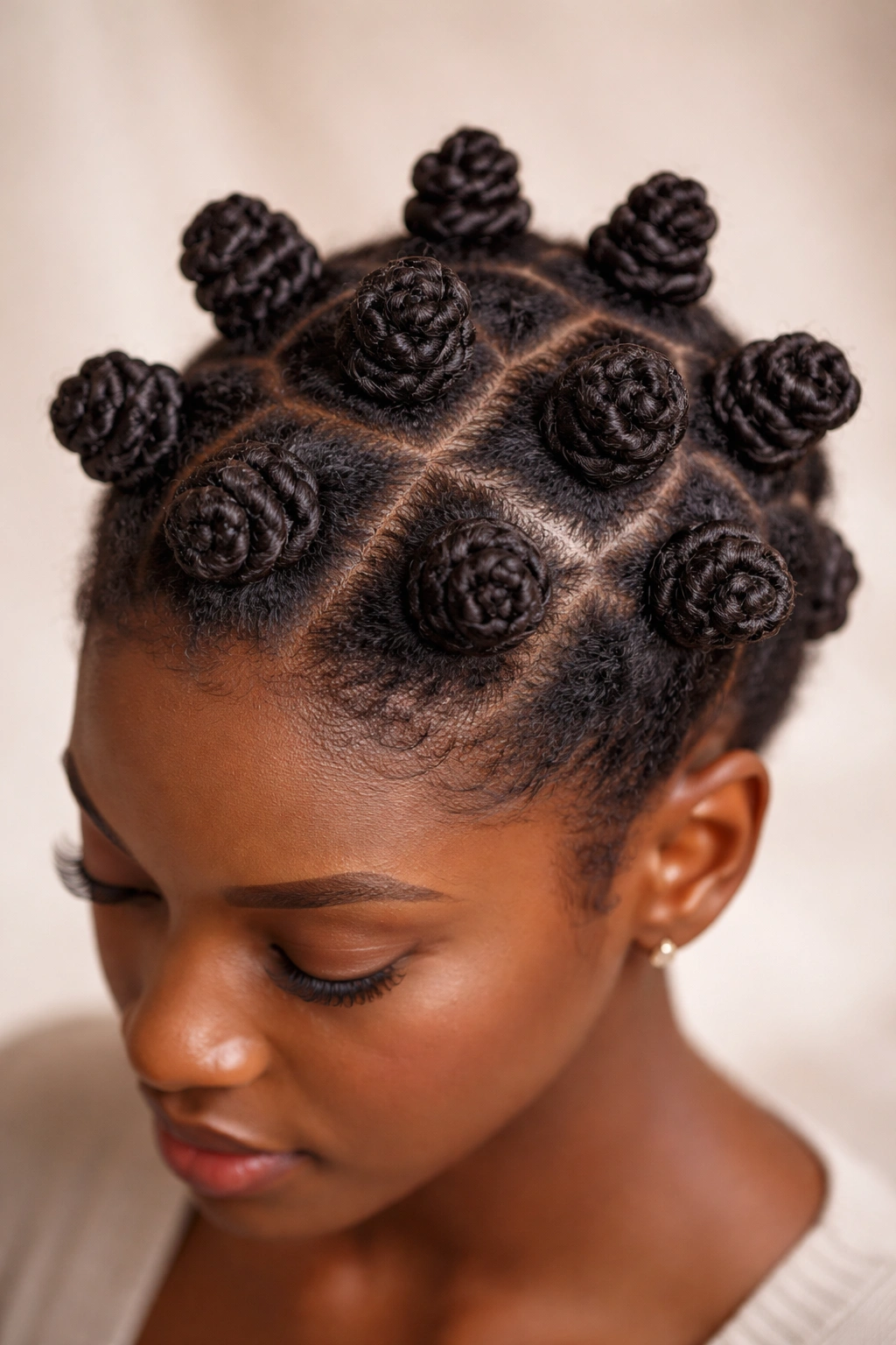 Close-up of Bantu knots on 4C hair with defined coils