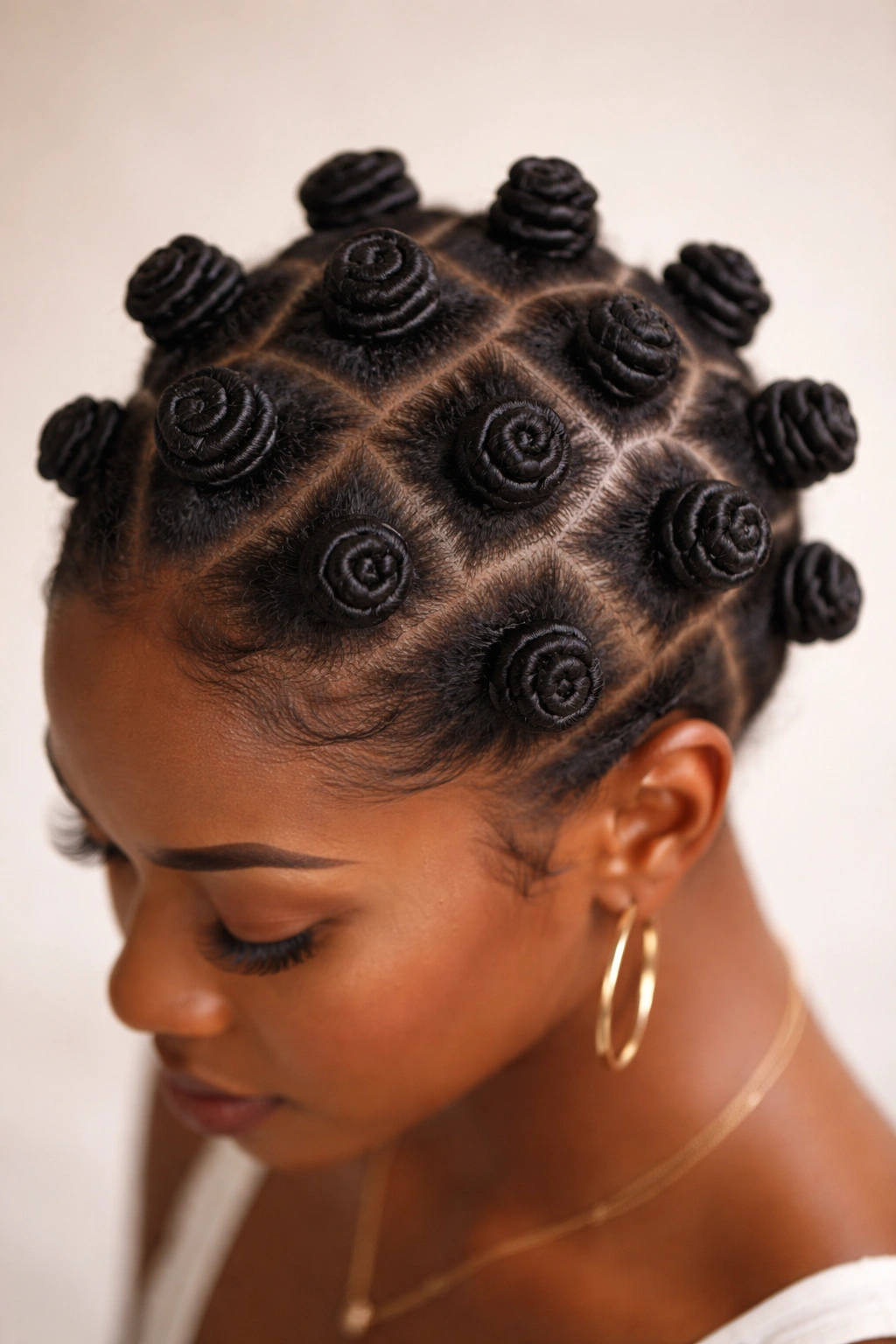 Bantu knots across the scalp in tight coils and spirals